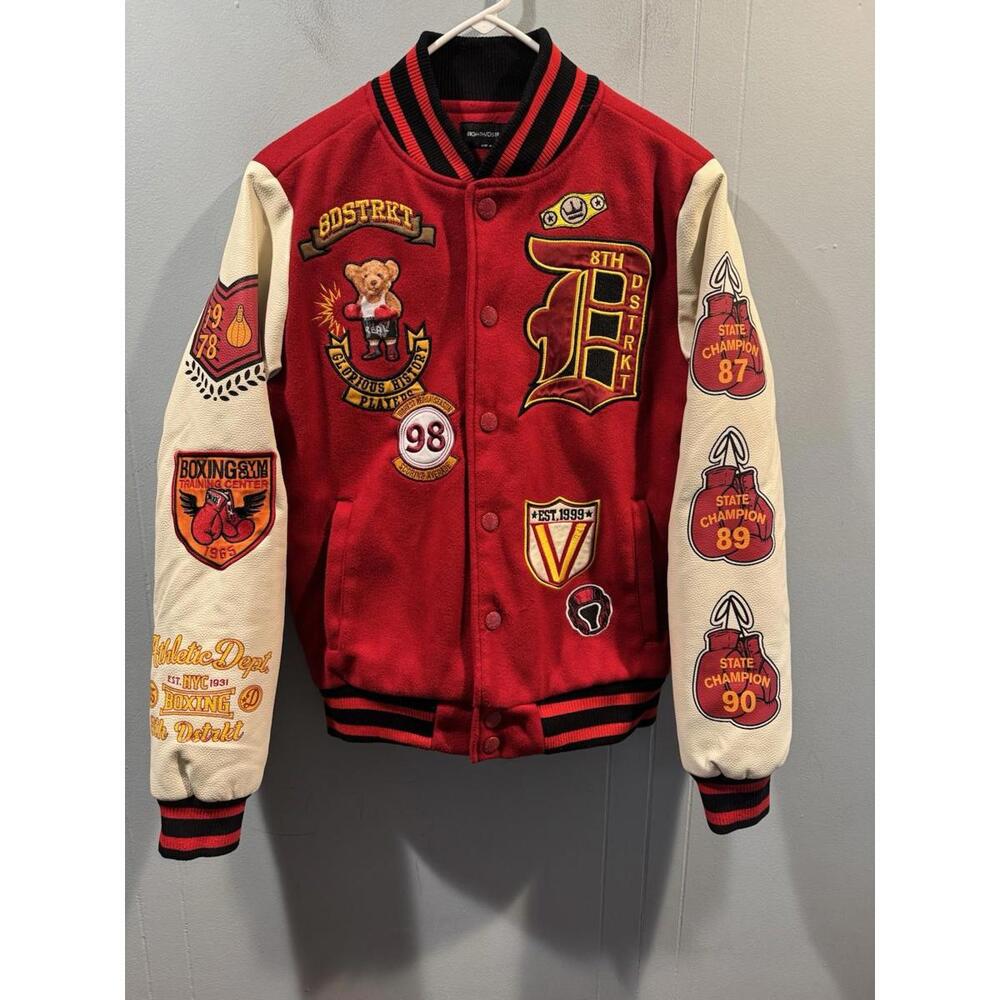 8ighth District Jacket 100% Polyester Size Small Red Multi Patch Boxing
